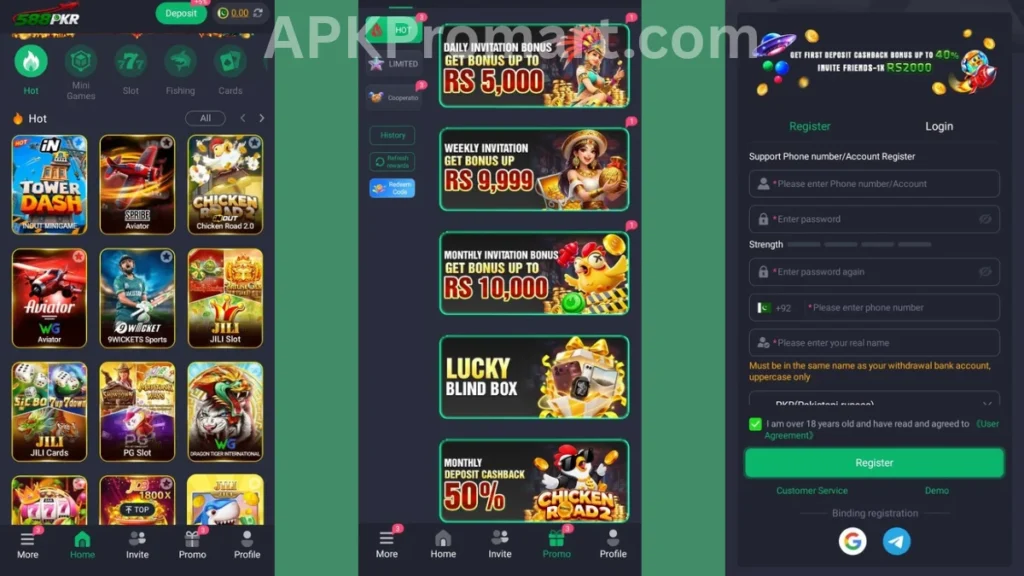 588PKR Game APK internal interface, promotion center and regristration section of game
