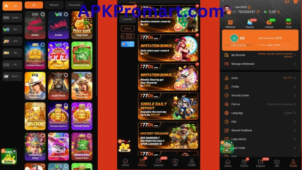 777DX Game App internal interface, profile section an promotion center of game