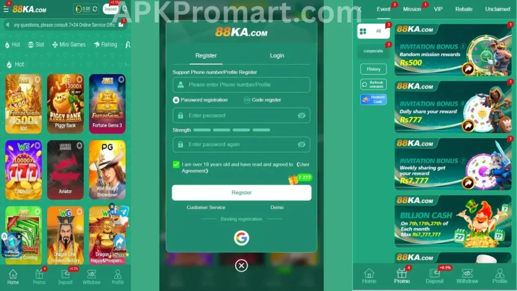 88KA Game App internal interface, permotion center and regristration section of game