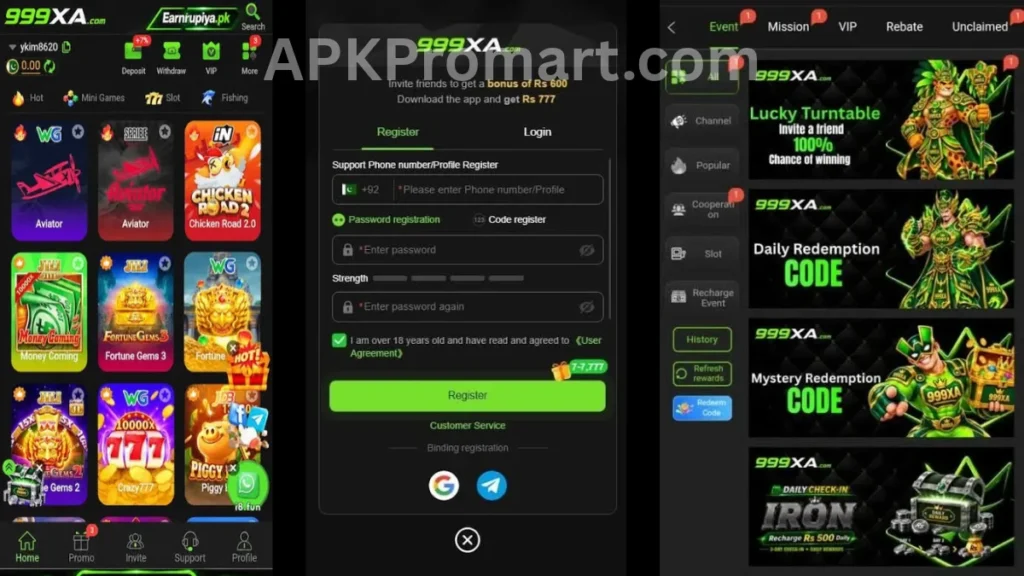 999XA Game APK internal interface, promotion center and rigestration section of game