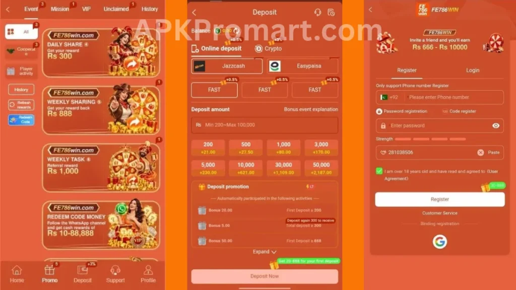 FE786Win Game APK promotion center, deposit section and rigestration section of game