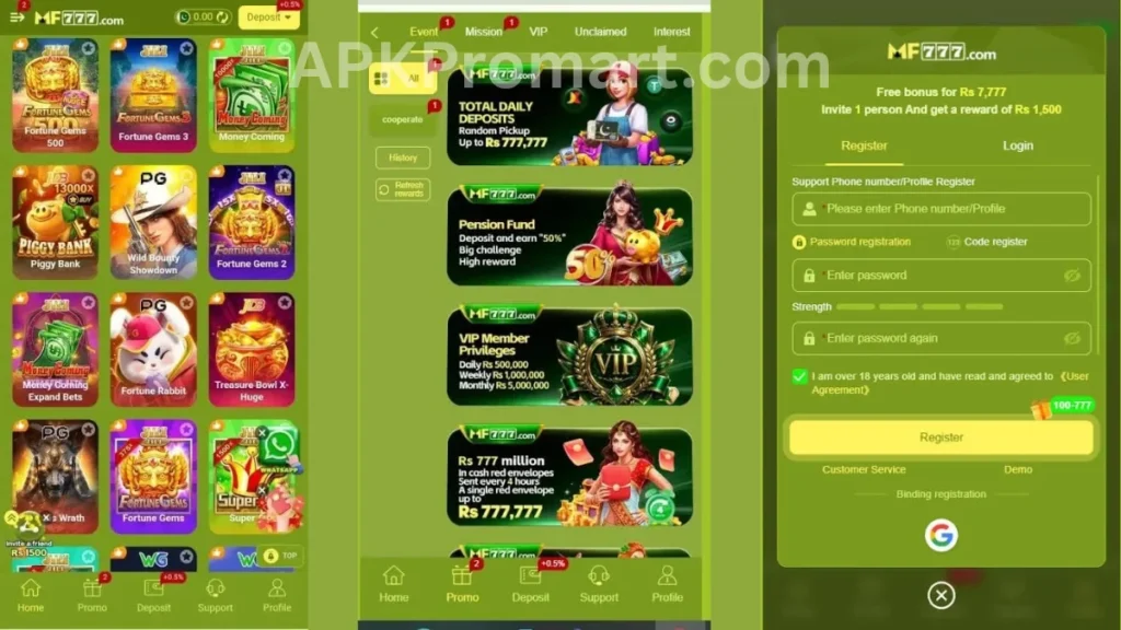MF777 Game App internal interface, promotion center and rigestration section of game