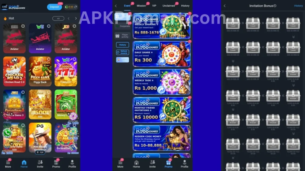 R988 Game App internal interface, permotion center and invitational section of game