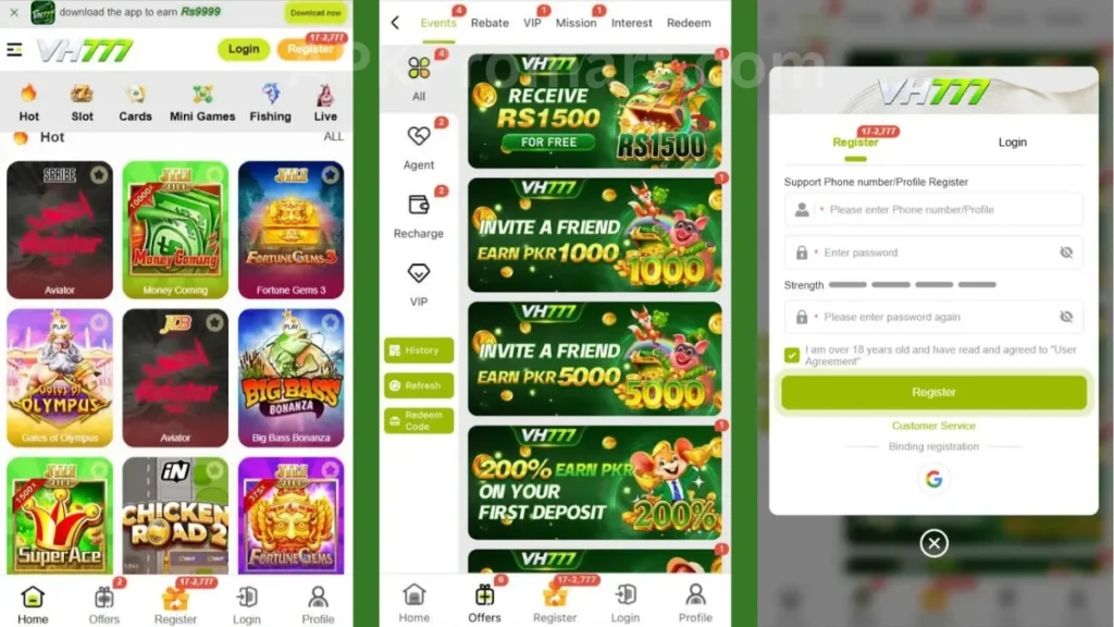 VH777 Game App internal interface, promotion center and rigestration section of game