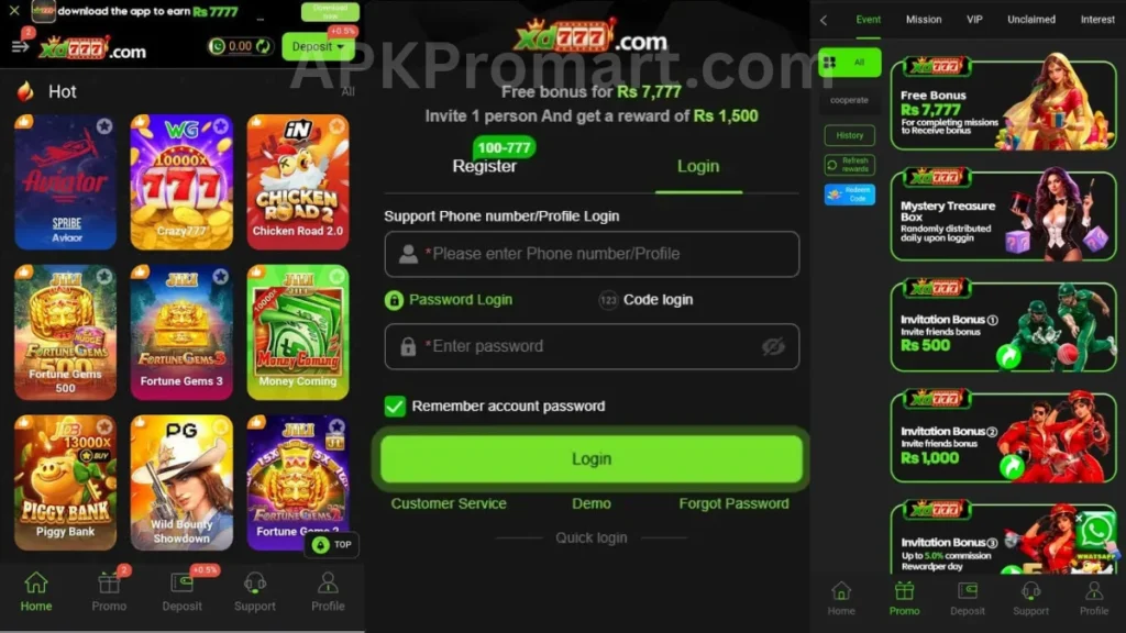XD777 Game App internal interface, rigestrition section and permotion center of game
