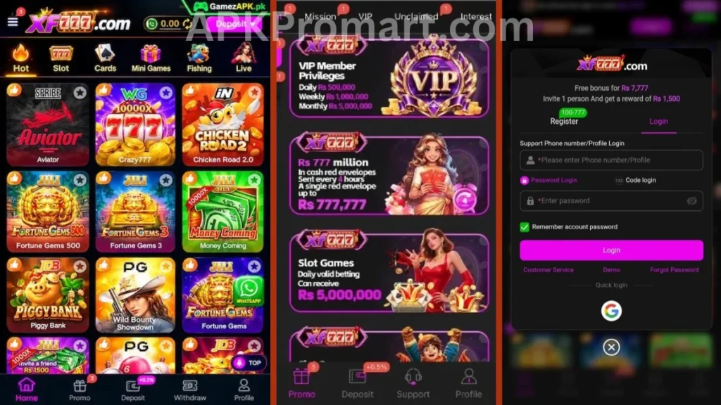 XF777 Game APK internal interface, permotion center and registration section of game